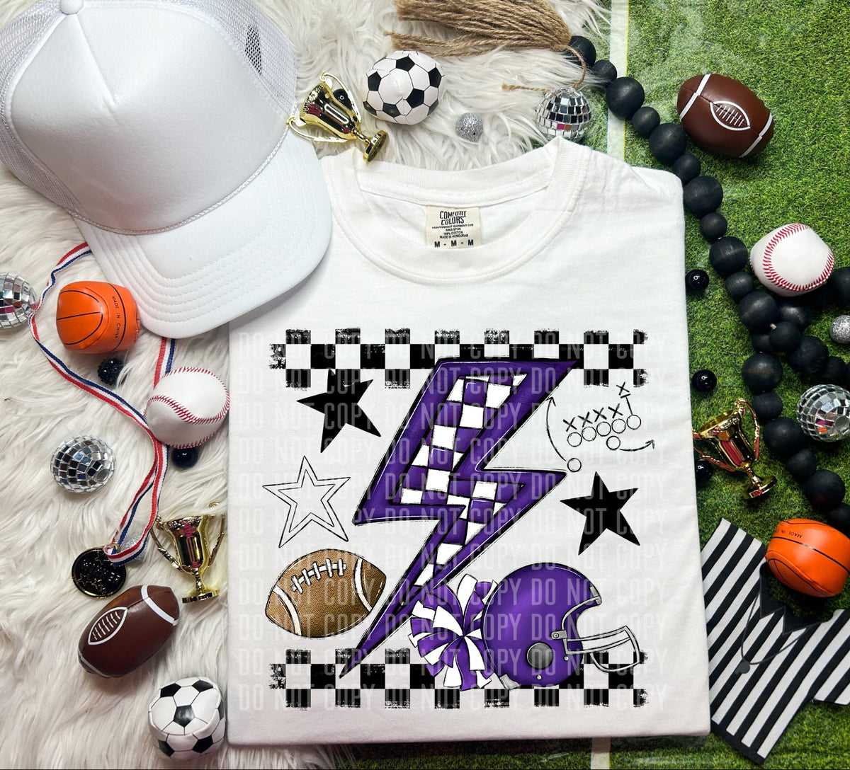 Purple checkered bolt with football items (Caplinger) DTF transfer