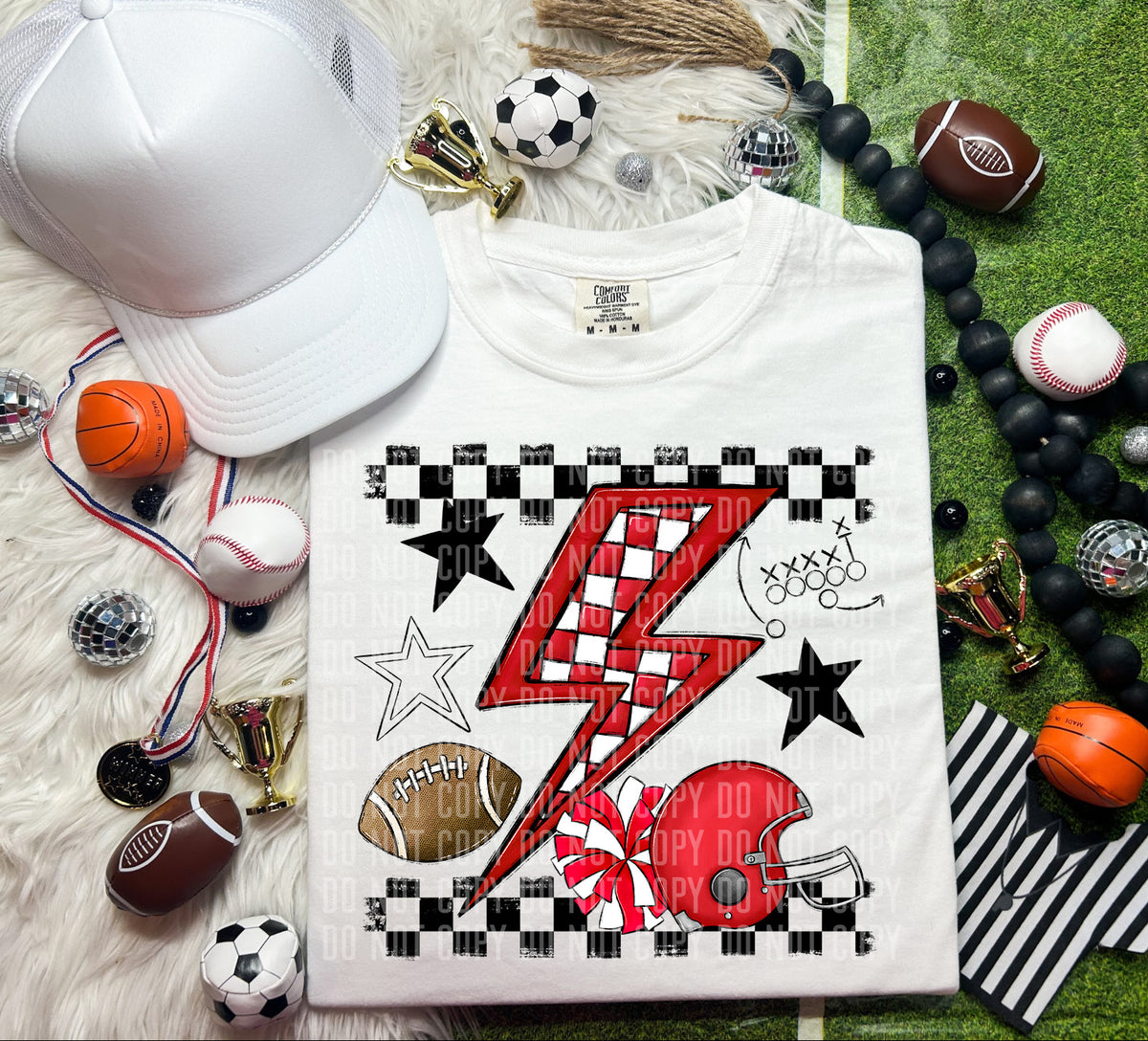 Red checkered bolt with football items (Caplinger) DTF transfer