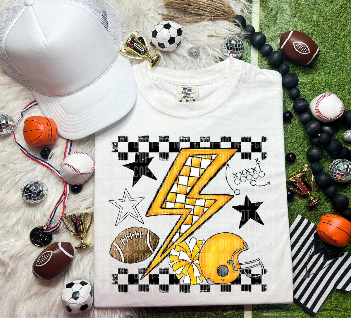 Yellow checkered bolt with football items (Caplinger) DTF transfer