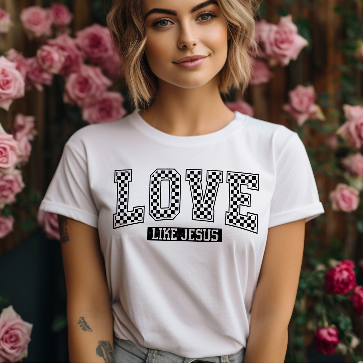 Checkered Love Like Jesus - Black 86180 DTF Transfer