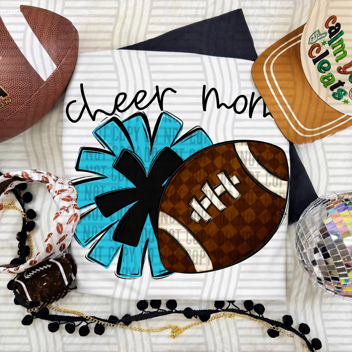 Bright Blue Cheer Mom Pom and Football (Caplinger) DTF Transfer