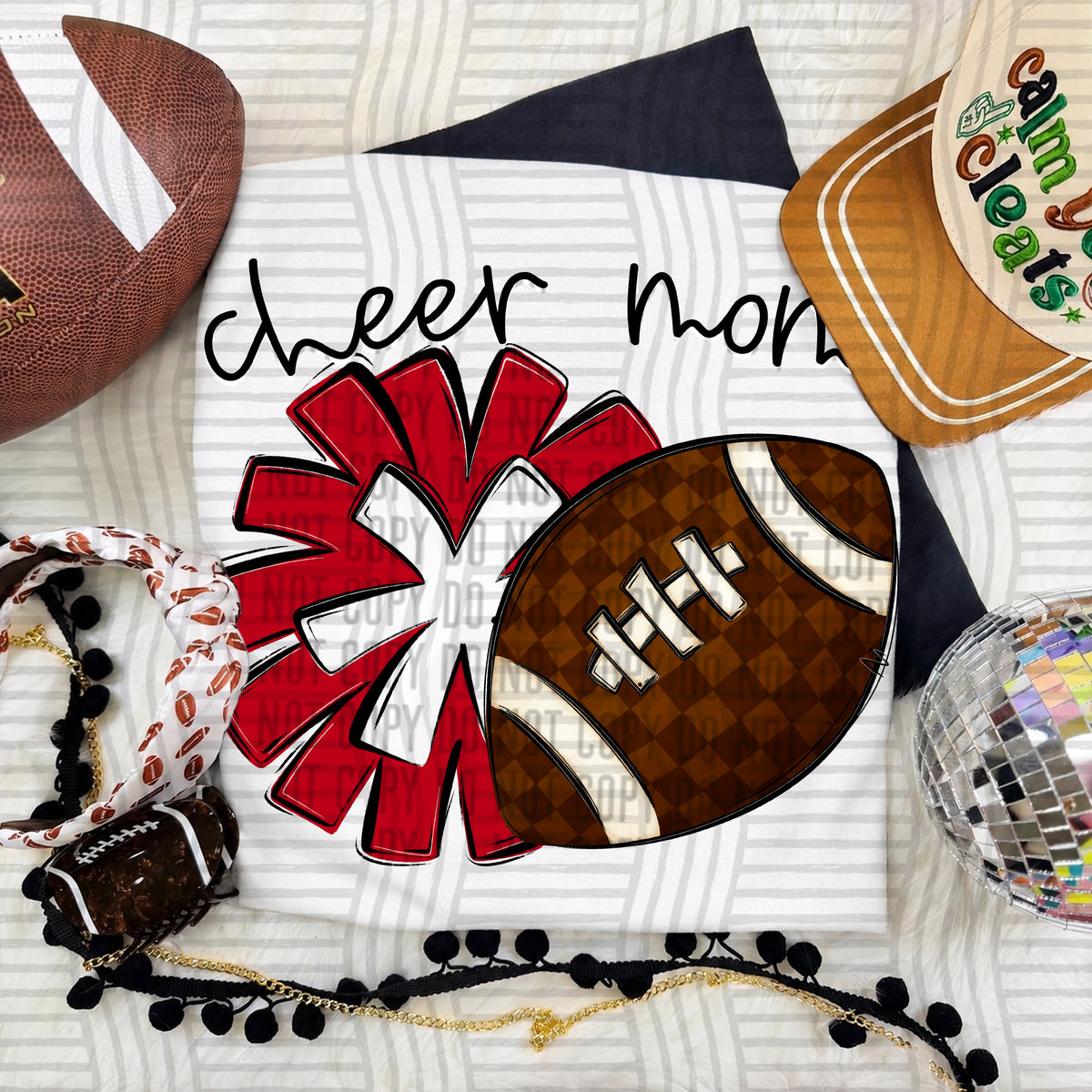Cherry/White Cheer Mom Pom and Football (Caplinger) DTF Transfer