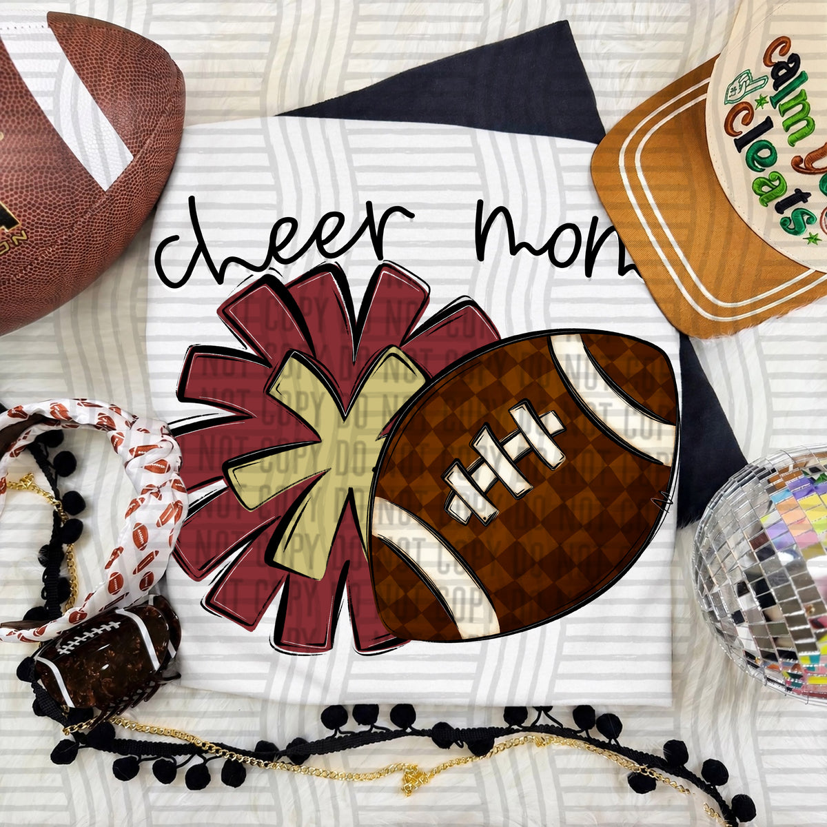 Crimson/Gold Cheer Mom Pom and Football (Caplinger) DTF Transfer