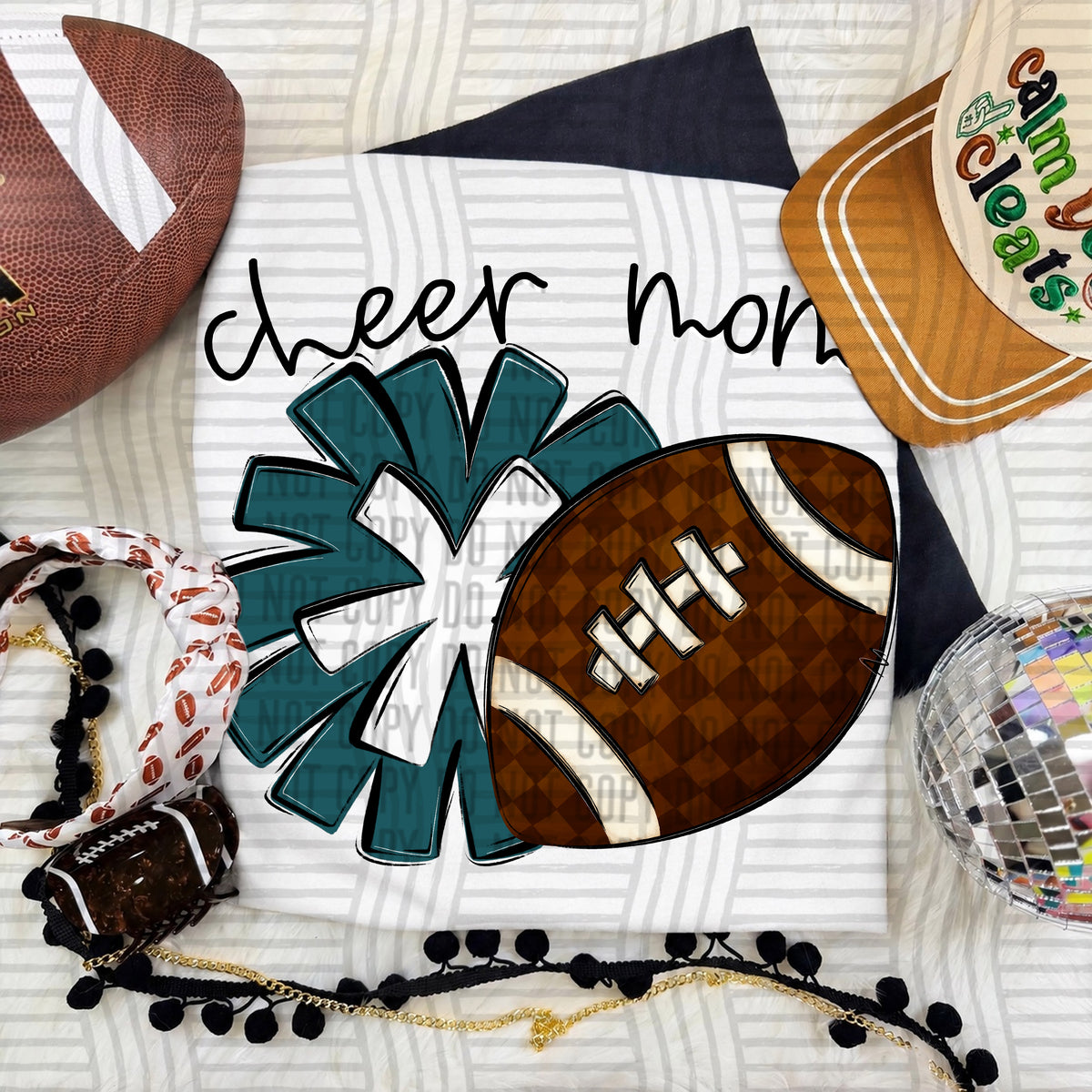 Teal/White Cheer Mom Pom and Football (Caplinger) DTF Transfer