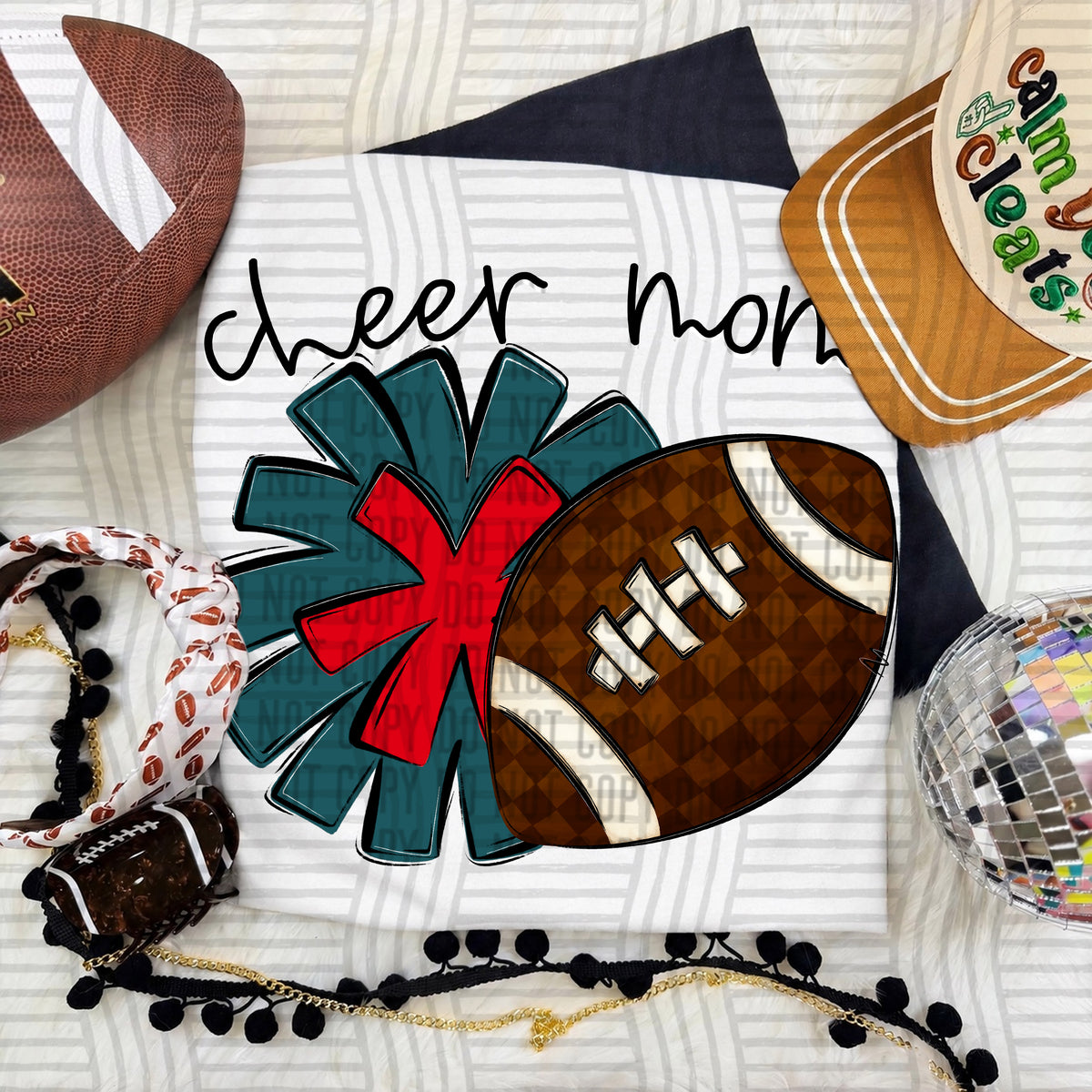 Teal/Red Cheer Mom Pom and Football (Caplinger) DTF Transfer