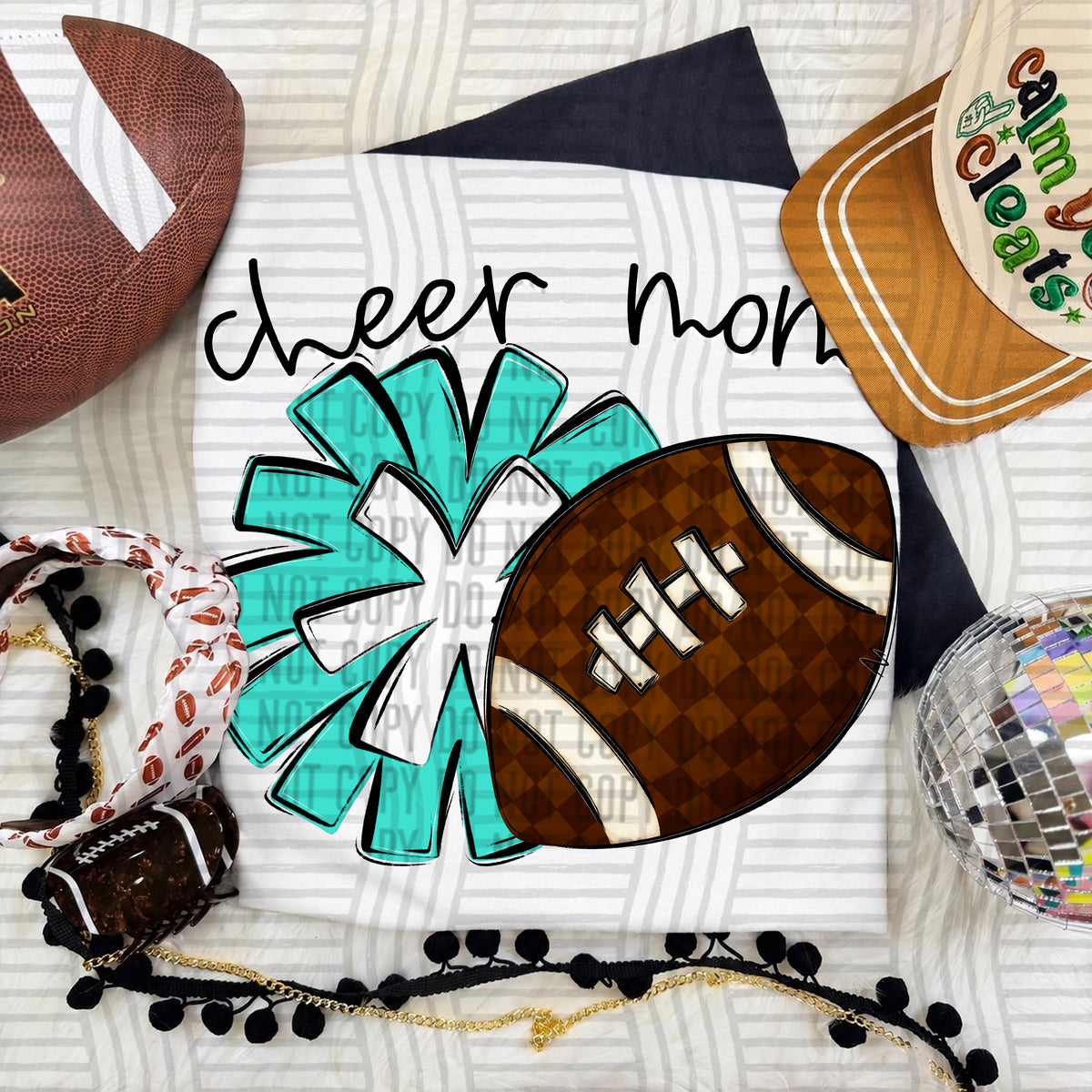 Turquoise Cheer Mom Pom and Football (Caplinger) DTF Transfer