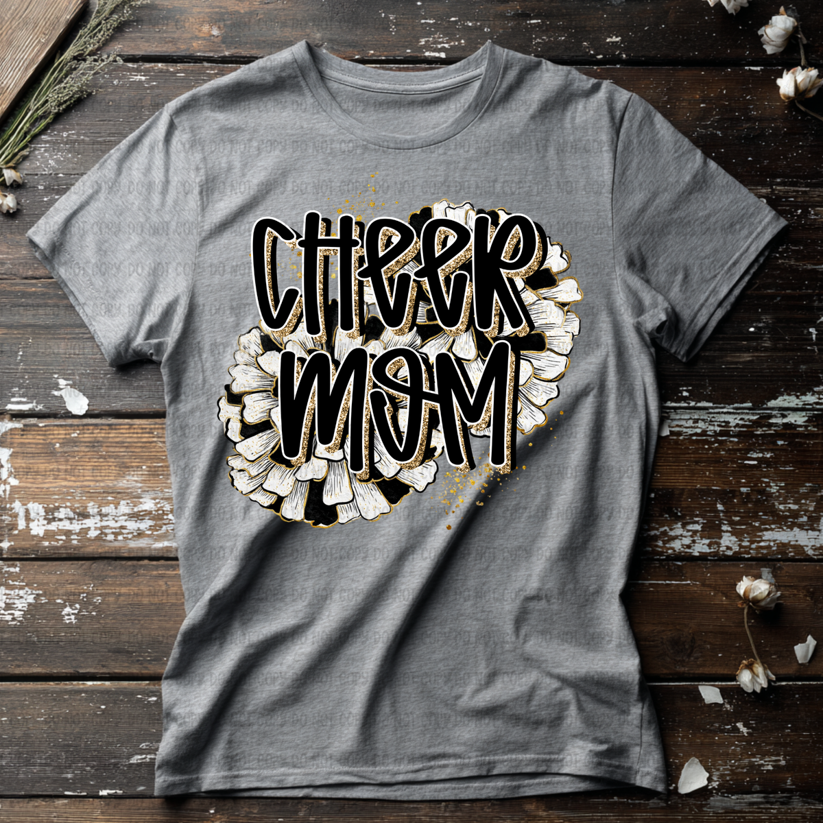 Cheer mom faux glitter outline and pom poms (Revel) DTF Transfer