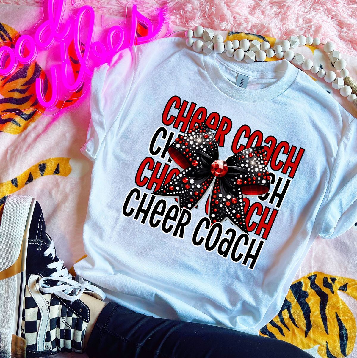 Cheer Coach Stacked Black and Red Bow 117781 DTF transfer