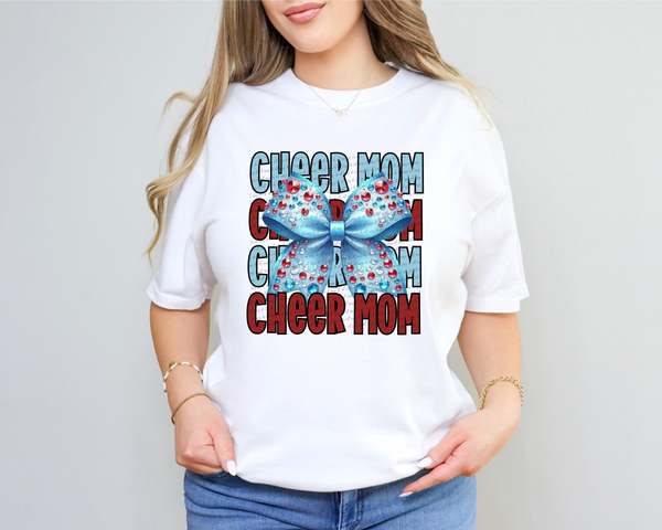 Cheer Mom Stacked Blue Red Rhinestones Bow 46349 DTF transfer