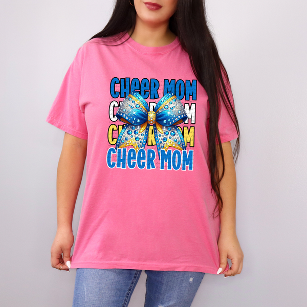 Cheer Mom Stacked Blue Yellow Rhinestones Bow 46350 DTF transfer