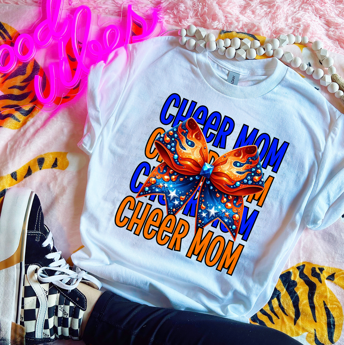 Cheer Mom Stacked Orange and Blue Bow 117925 DTF transfer
