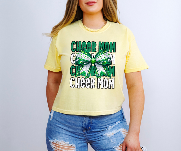 Cheer Mom Stacked Green White Rhinestones Bow 46351 DTF transfer