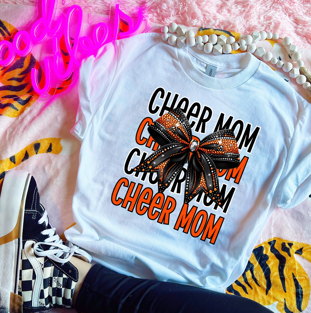 Cheer Mom Stacked Black and Orange Bow 117782 DTF transfer