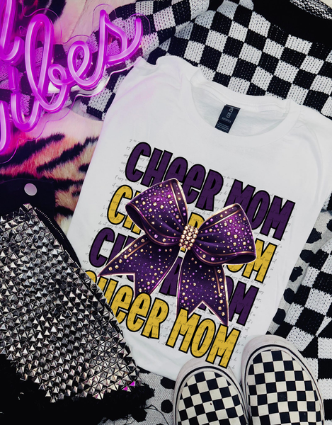 Cheer Mom Stacked Purple Gold Rhinestones Bow 46354 DTF transfer