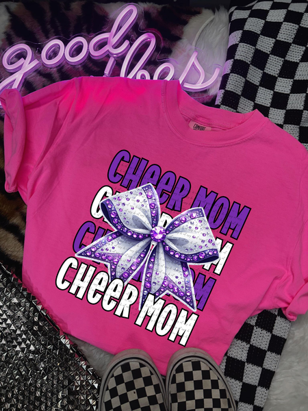 Cheer Mom Stacked Purple White Rhinestones Bow 46355 DTF transfer