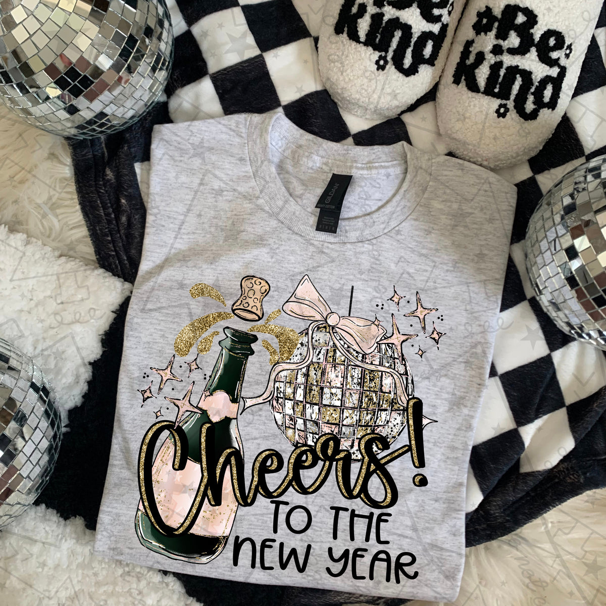 Cheers! to the new year champagne and disco ball with pink bow (HW) DTF Transfer