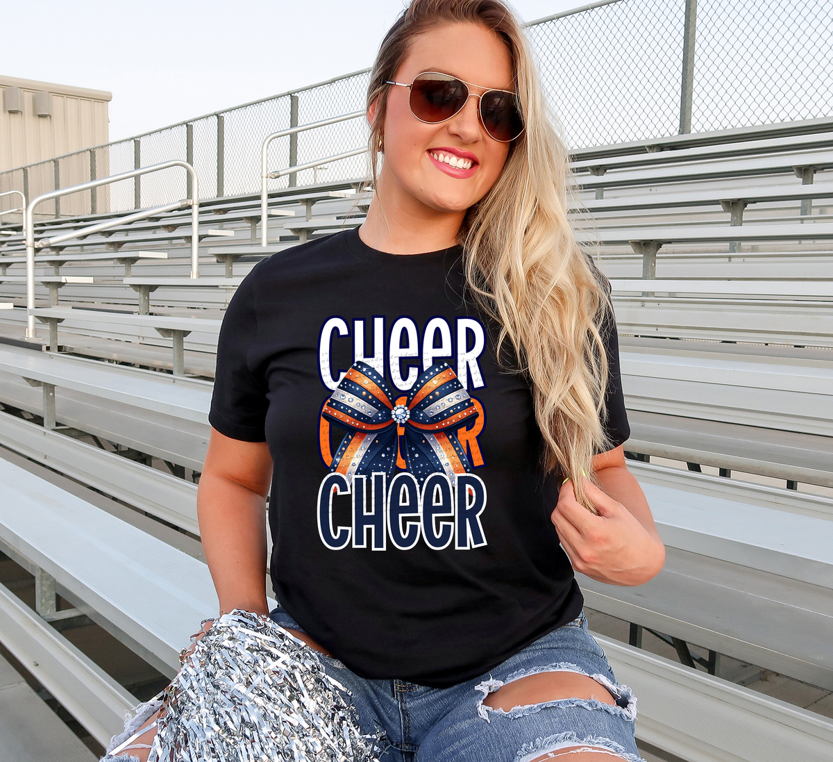 Cheer White Navy Blue Orange Rhinestones Bow 46360 DTF transfer