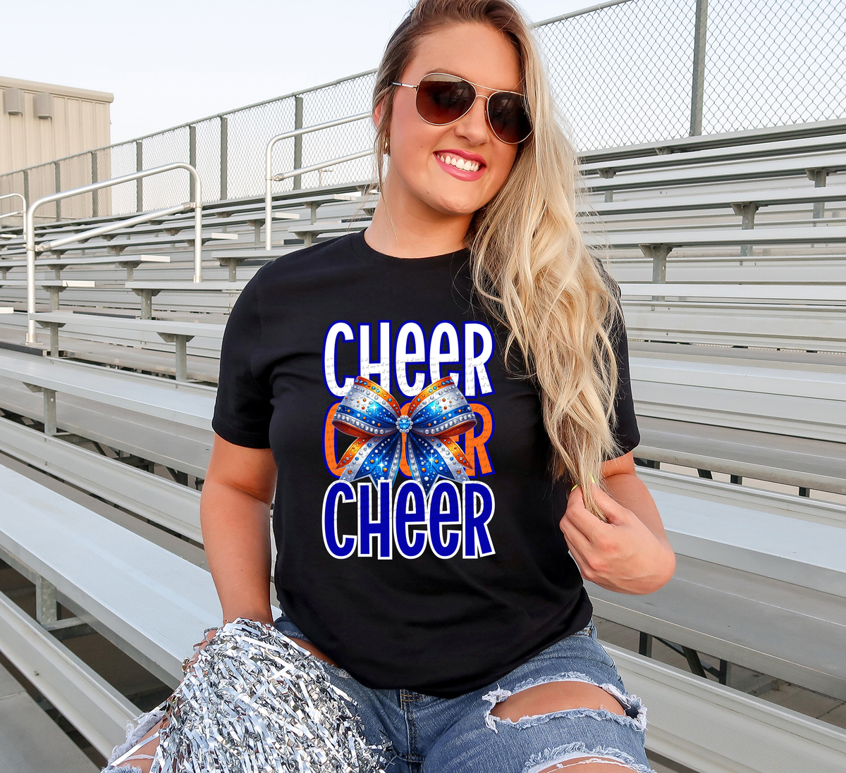 Cheer White Royal Blue Orange Rhinestones Bow 46361 DTF transfer