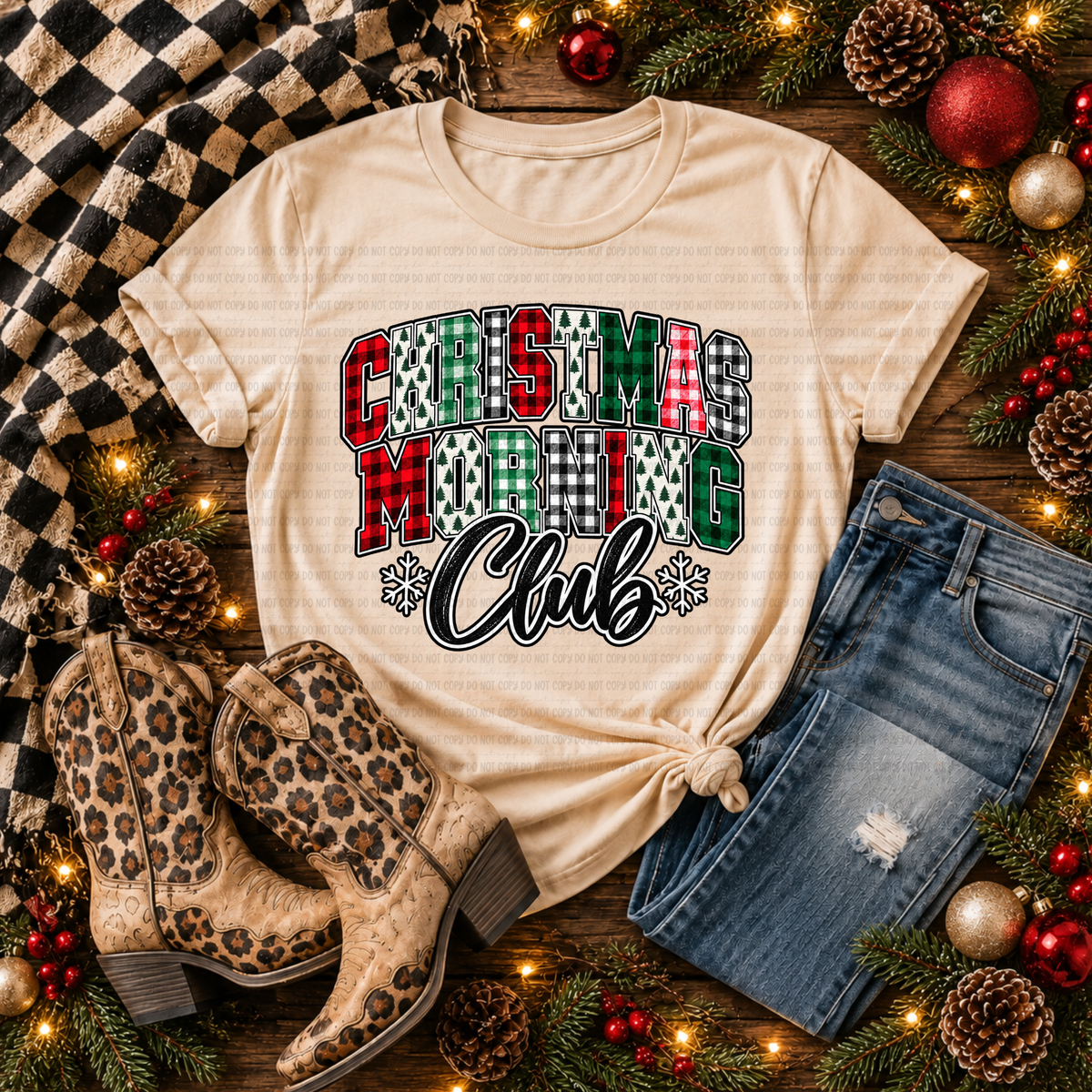 Christmas Morning Club- Plaid and Tree font (Revel) DTF Transfer