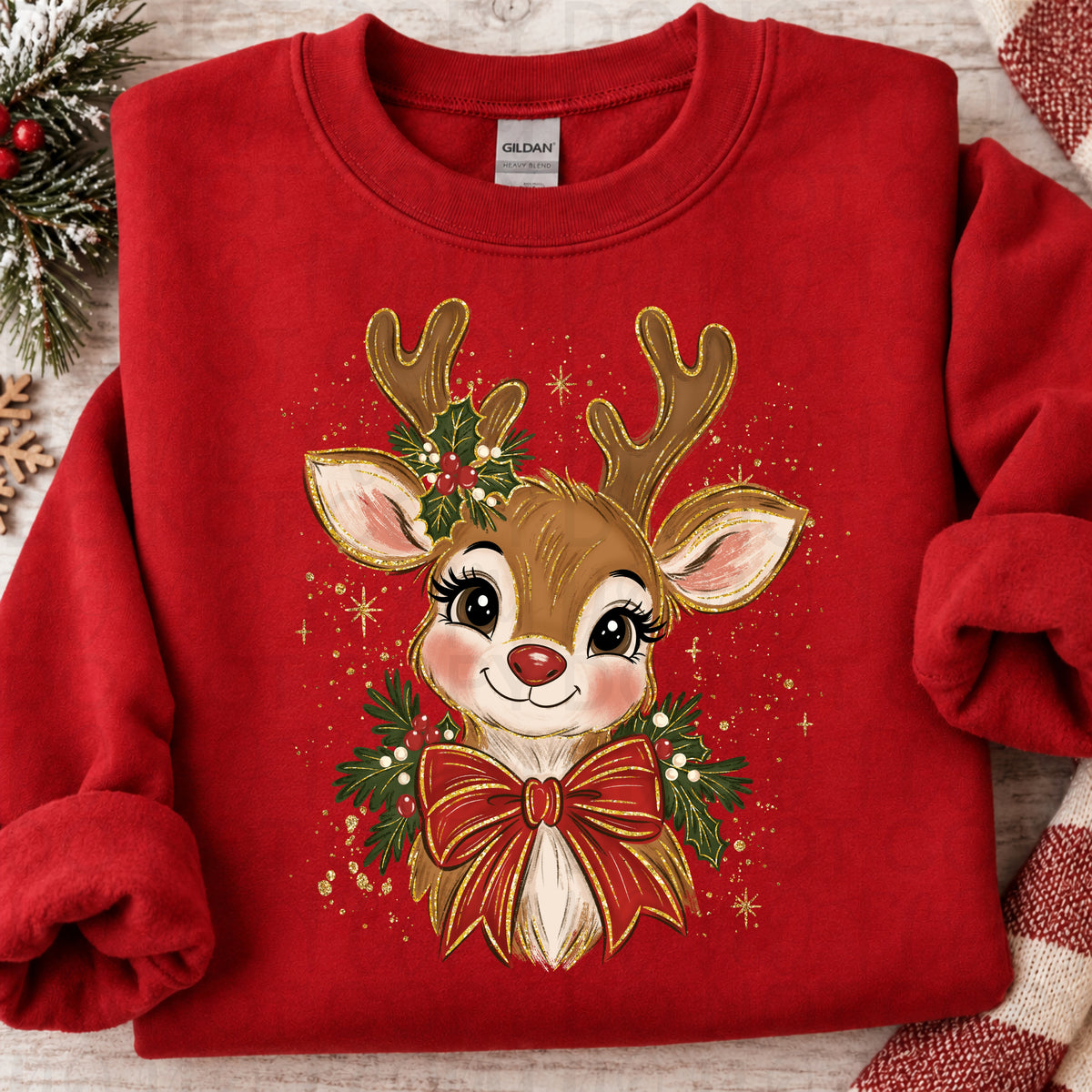 Christmas reindeer red bowtie WITH FAUX GLITTER (UAC) DTF Transfer