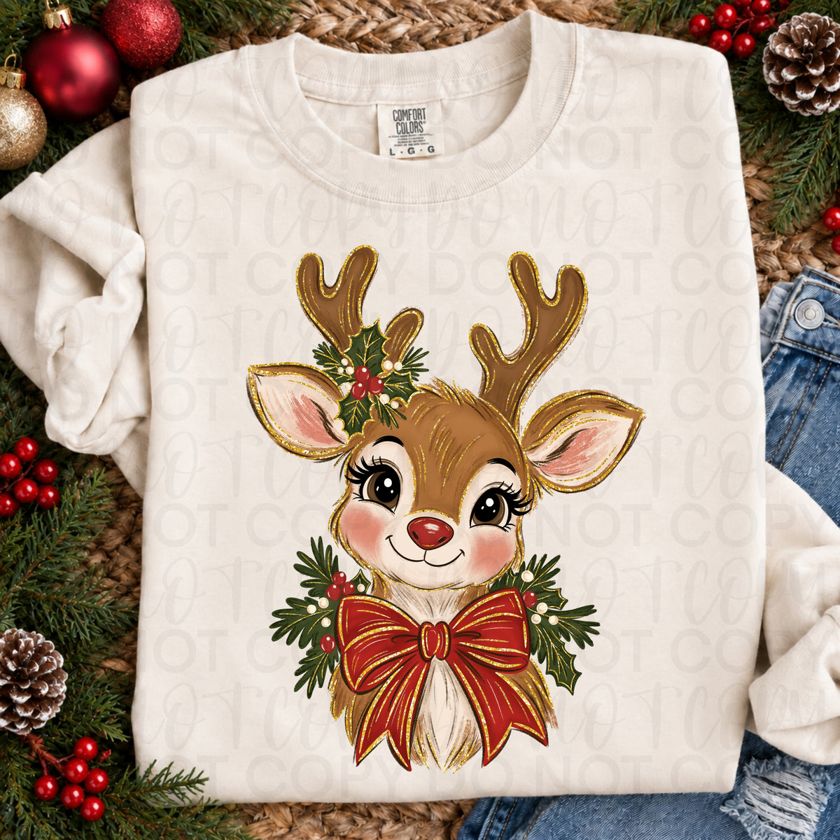 Christmas reindeer red bowtie NO GLITTER (UAC) DTF Transfer