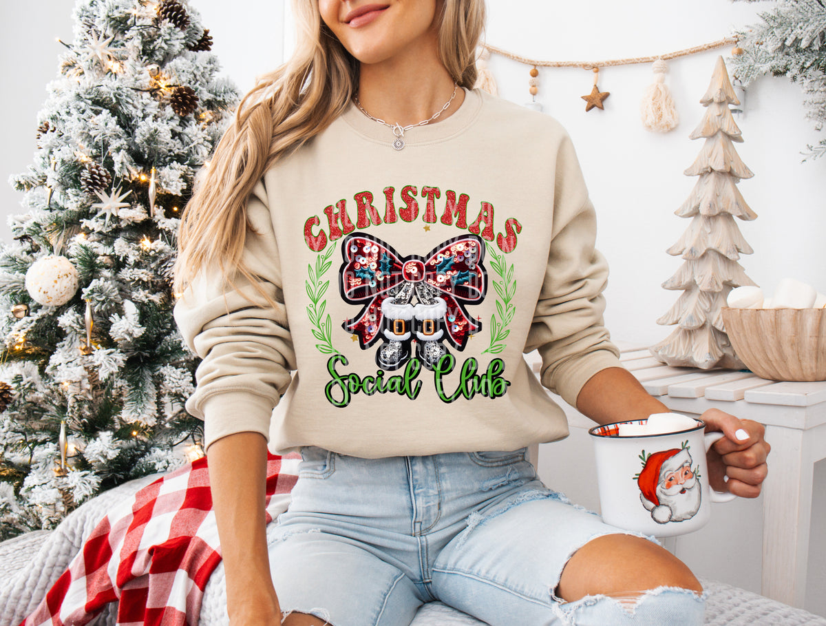 Christmas Social Club Santa Bow Grey Sequin 69626 DTF transfer