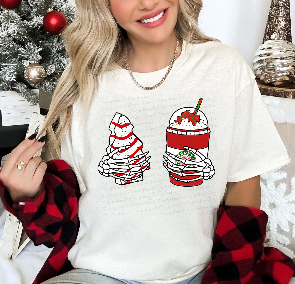Christmas Tree Cake Coffee Cup Latte Skellie Hands 114990 DTF Transfer