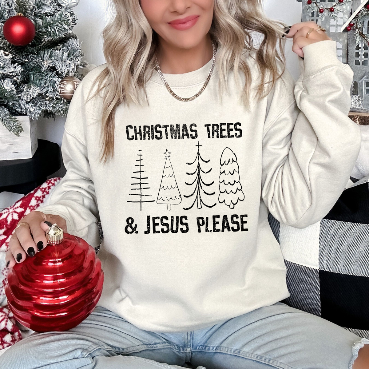 Christmas Trees and Jesus Please Black Font 115825 DTF TRANSFER