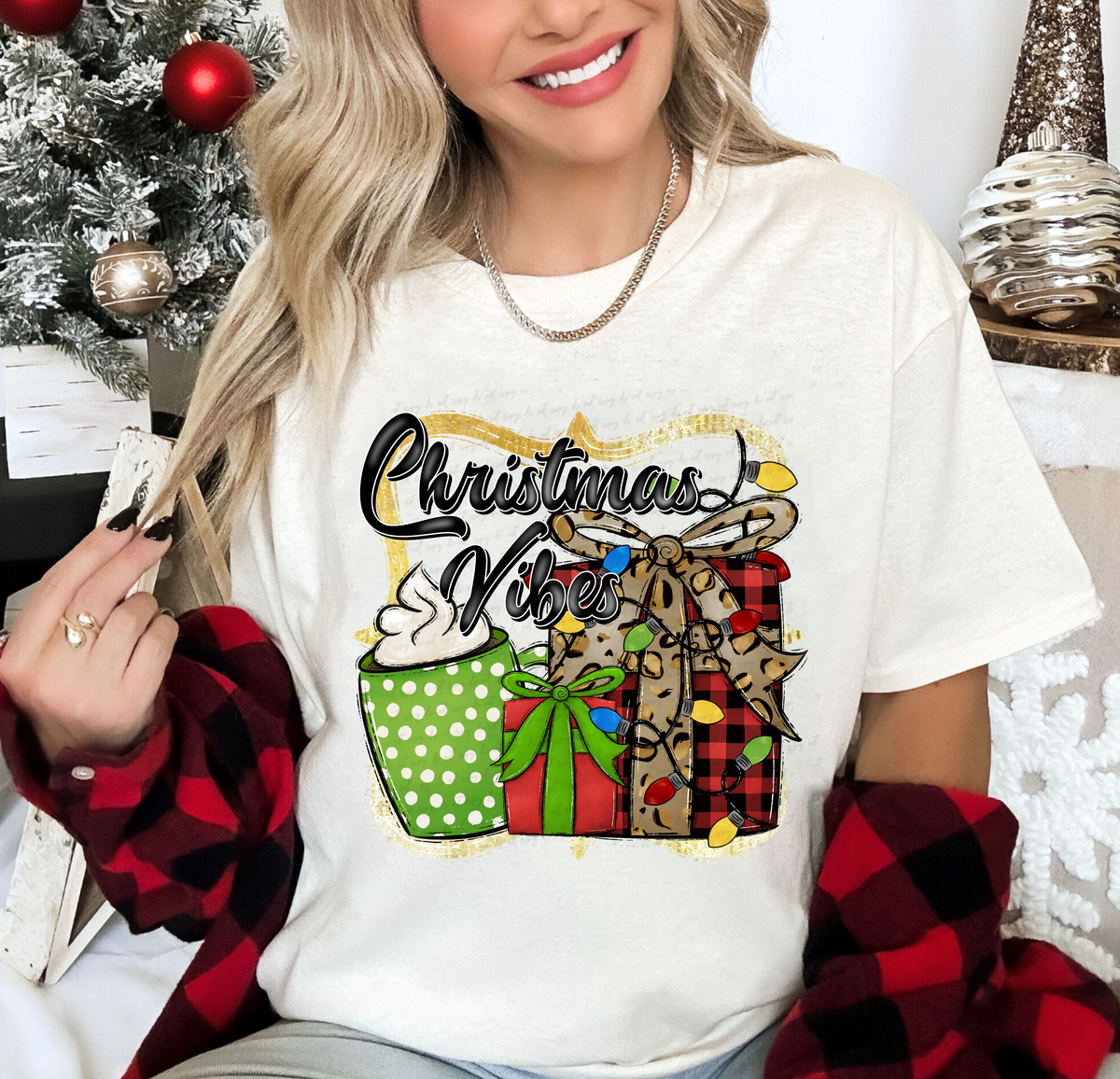 Christmas Vibes Coffee Gift Plaid Leopard Bow 114865 DTF transfer
