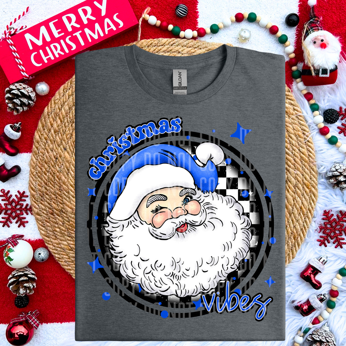 Christmas Vibes Blue Santa Clause Checkered Circle (Caplinger) DTF transfer
