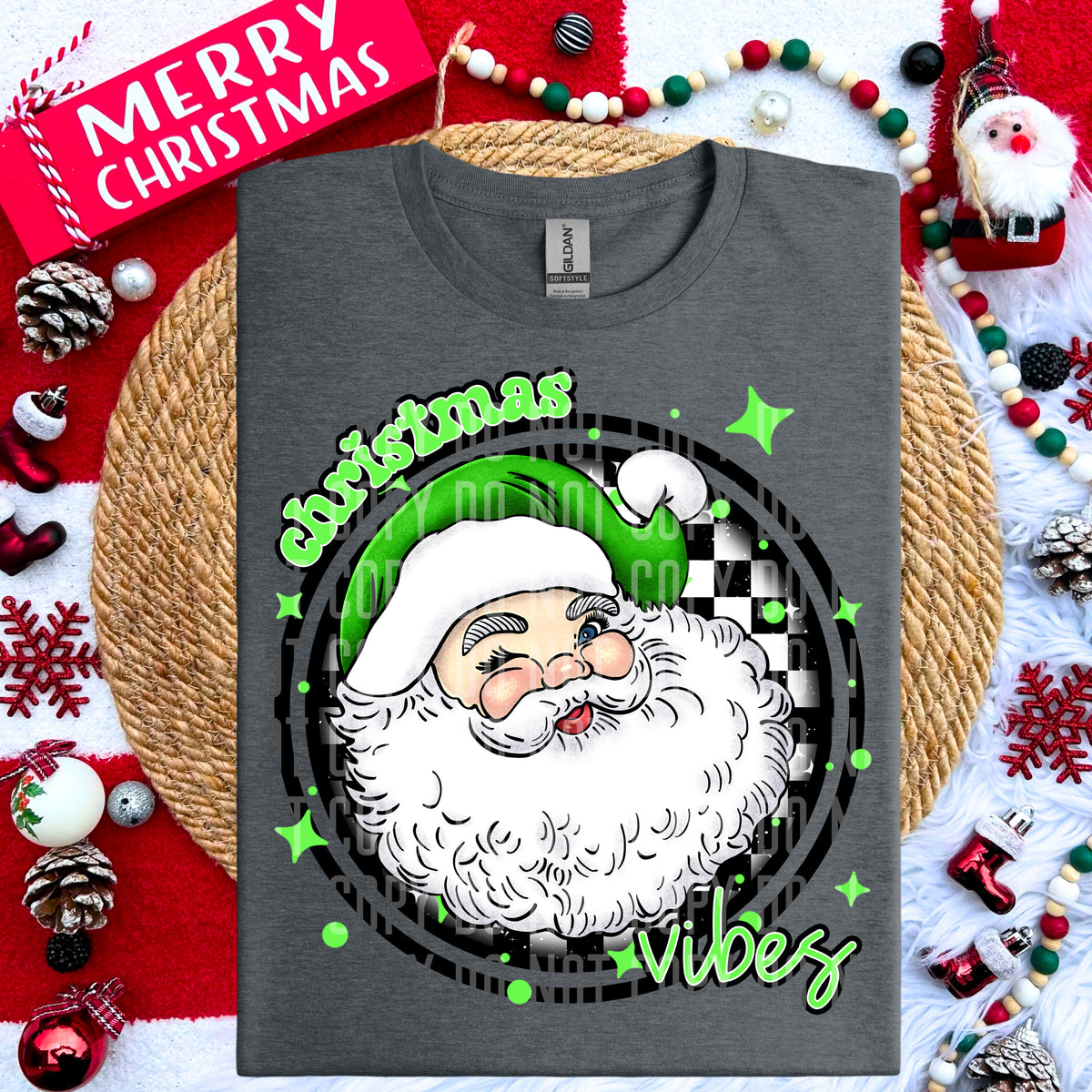 Christmas Vibes Lime Green Santa Clause Checkered Circle (Caplinger) DTF transfer