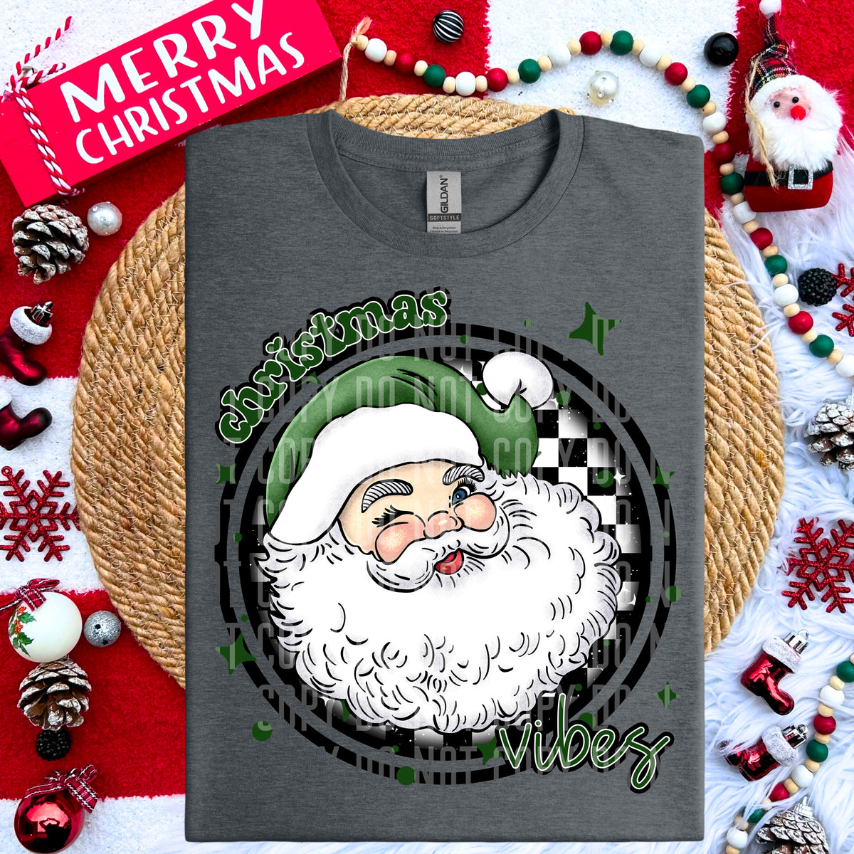 Christmas Vibes Dark Green Santa Clause Checkered Circle (Caplinger) DTF transfer