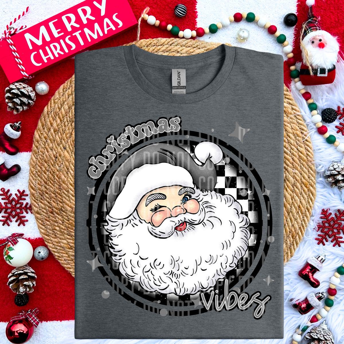 Christmas Vibes Grey Santa Clause Checkered Circle (Caplinger) DTF transfer