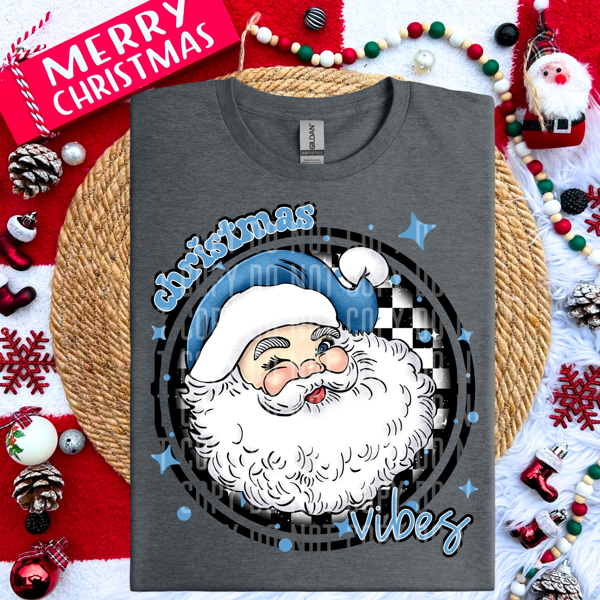 Christmas Vibes Light Blue Santa Clause Checkered Circle (Caplinger) DTF transfer