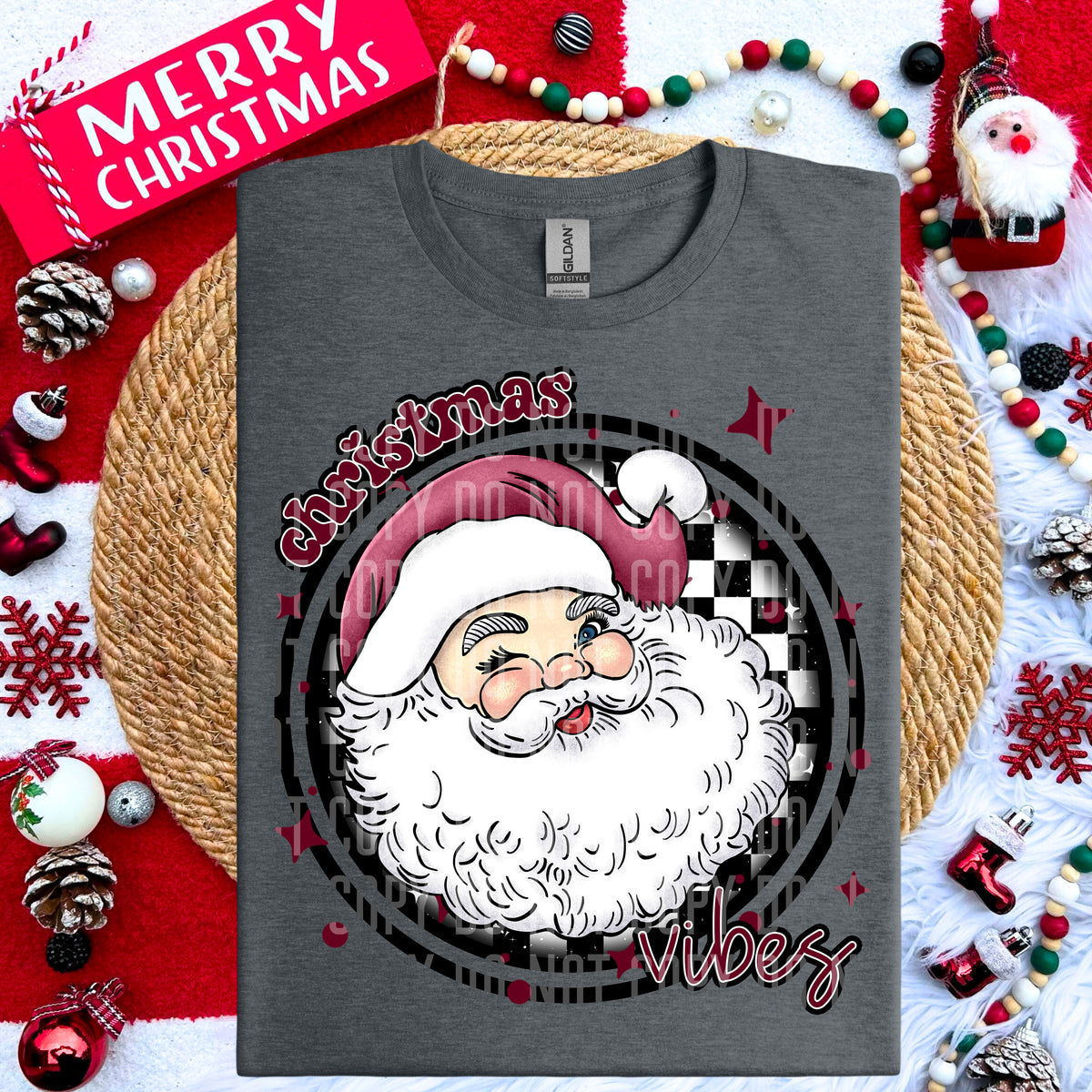 Christmas Vibes Maroon Santa Clause Checkered Circle (Caplinger) DTF transfer