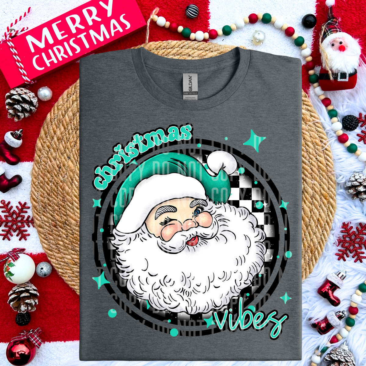 Christmas Vibes Turquoise Santa Clause Checkered Circle (Caplinger) DTF transfer