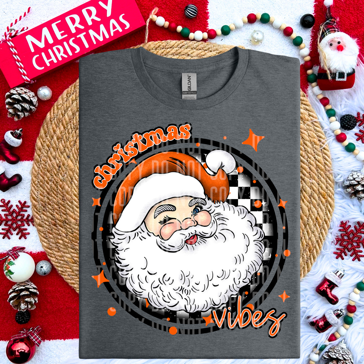Christmas Vibes Orange Santa Clause Checkered Circle (Caplinger) DTF transfer