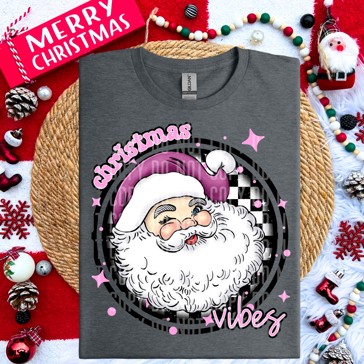 Christmas Vibes Pink Santa Clause Checkered Circle (Caplinger) DTF transfer