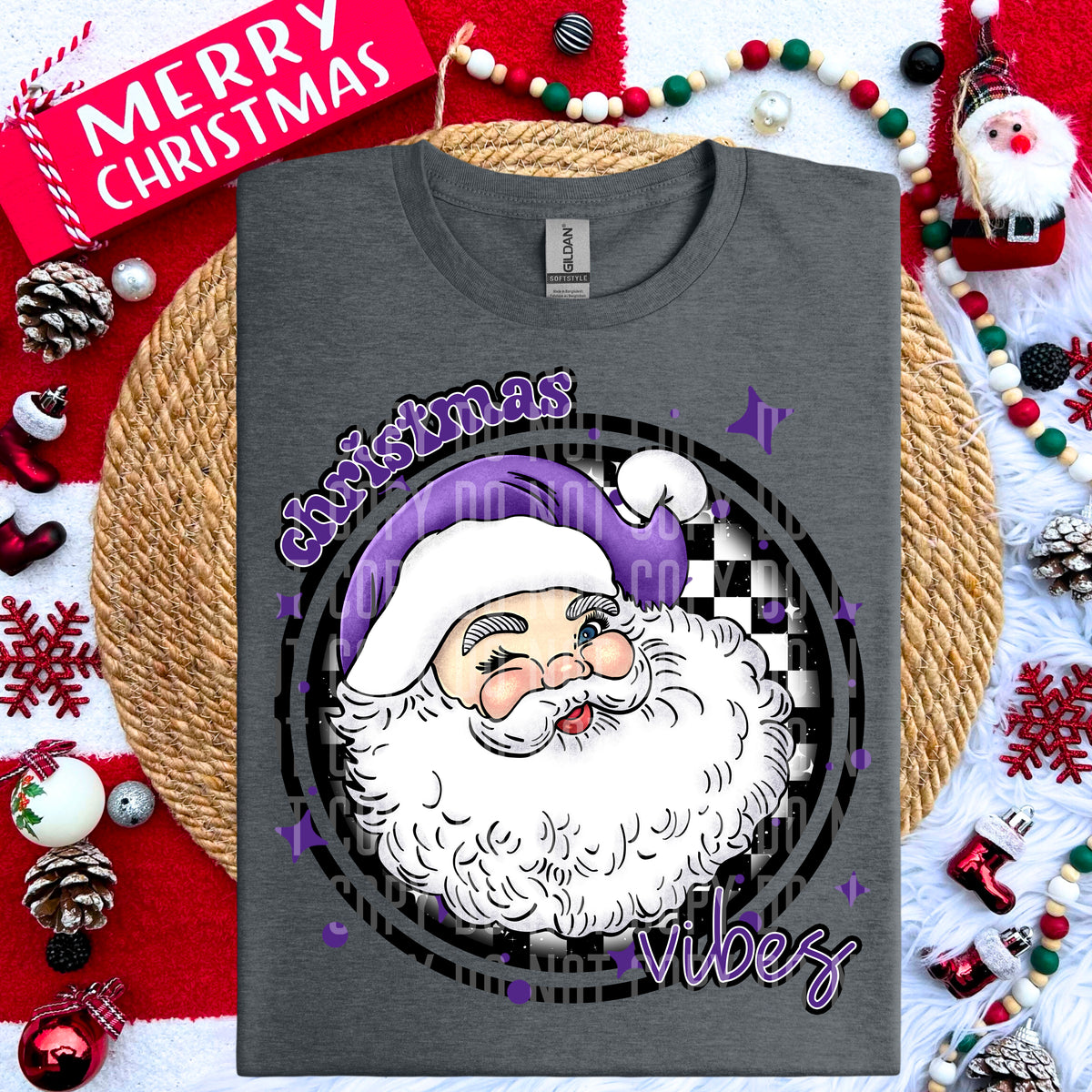 Christmas Vibes Purple Santa Clause Checkered Circle (Caplinger) DTF transfer