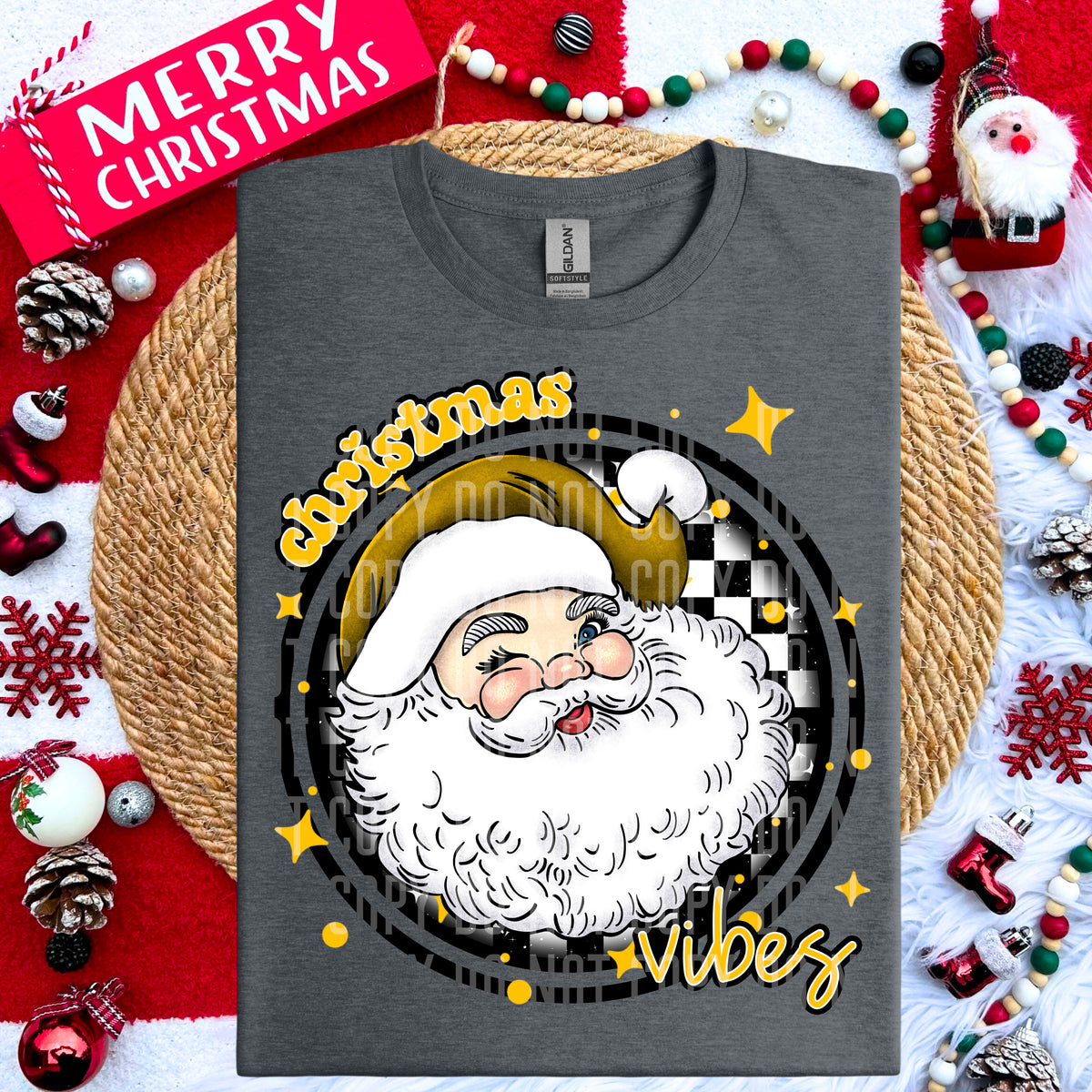 Christmas Vibes Yellow Santa Clause Checkered Circle (Caplinger) DTF transfer