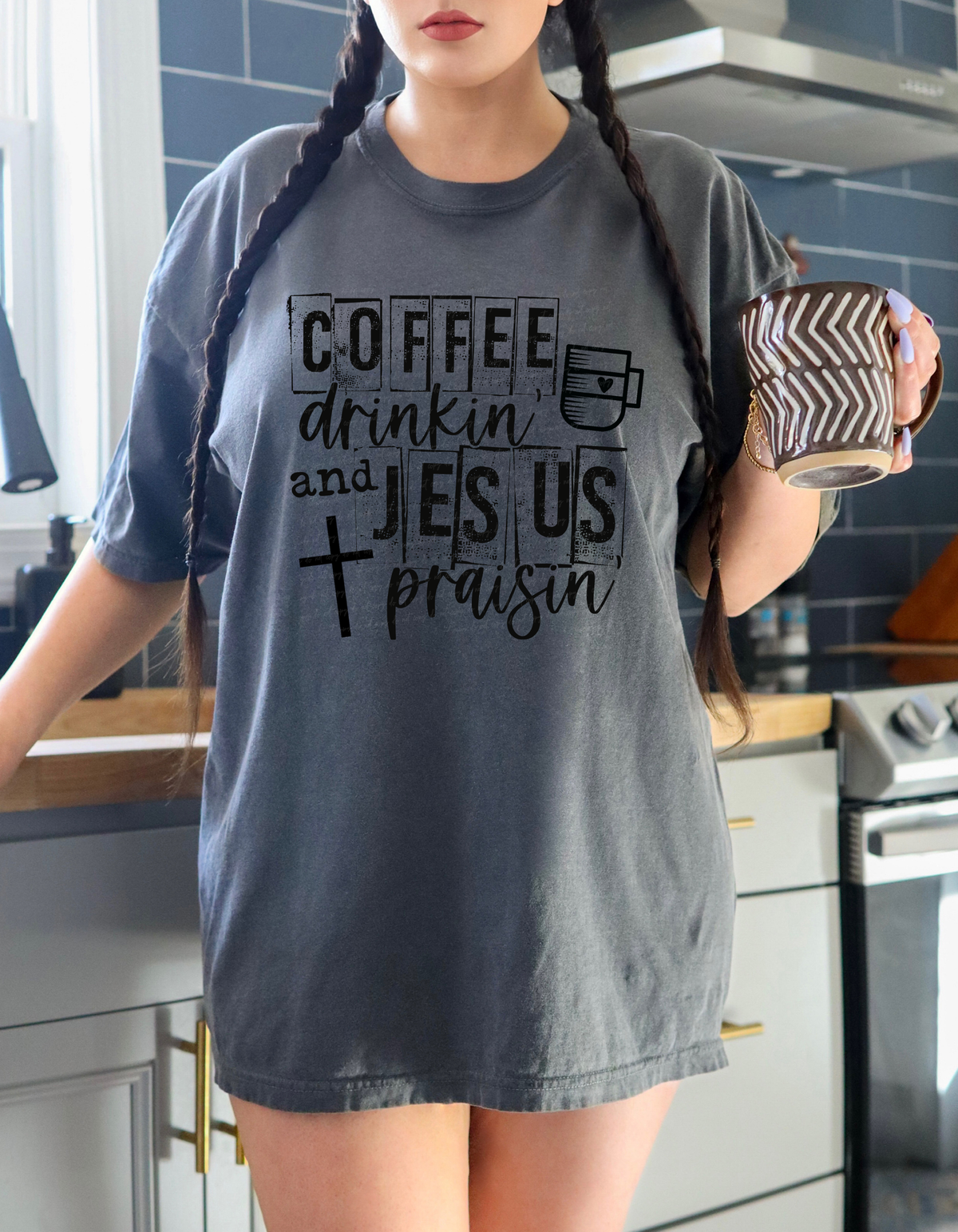 Coffee Drinkin and Jesus Praisin Black Font 116043 DTF Transfer