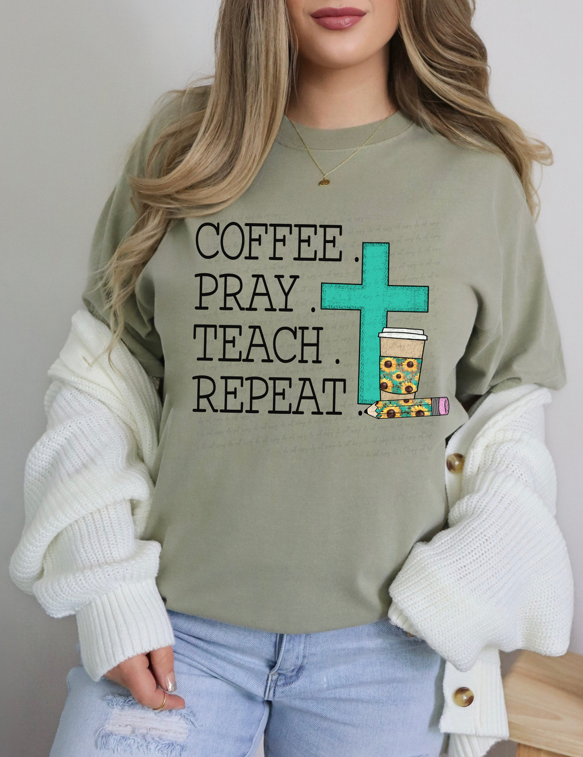Coffee Pray Teach Repeat Teal Cross Sunflower Coffee 115046 DTF Transfer