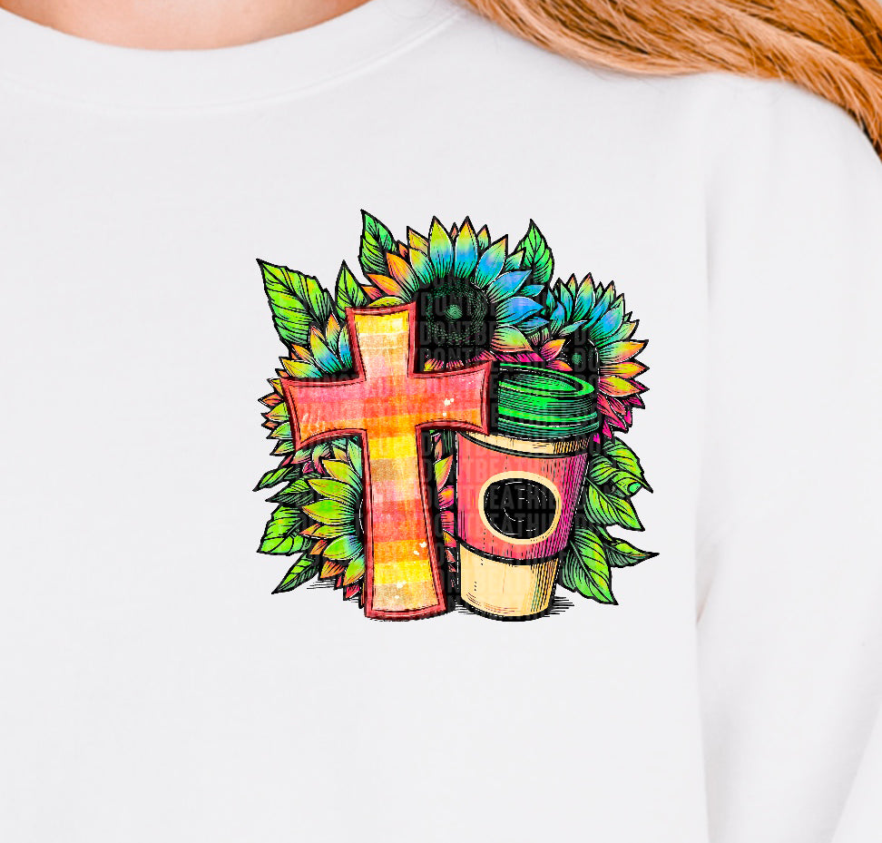 Coffee Gets Me Started Jesus Keeps Me Going Floral Cross - Pocket 104080 DTF transfer