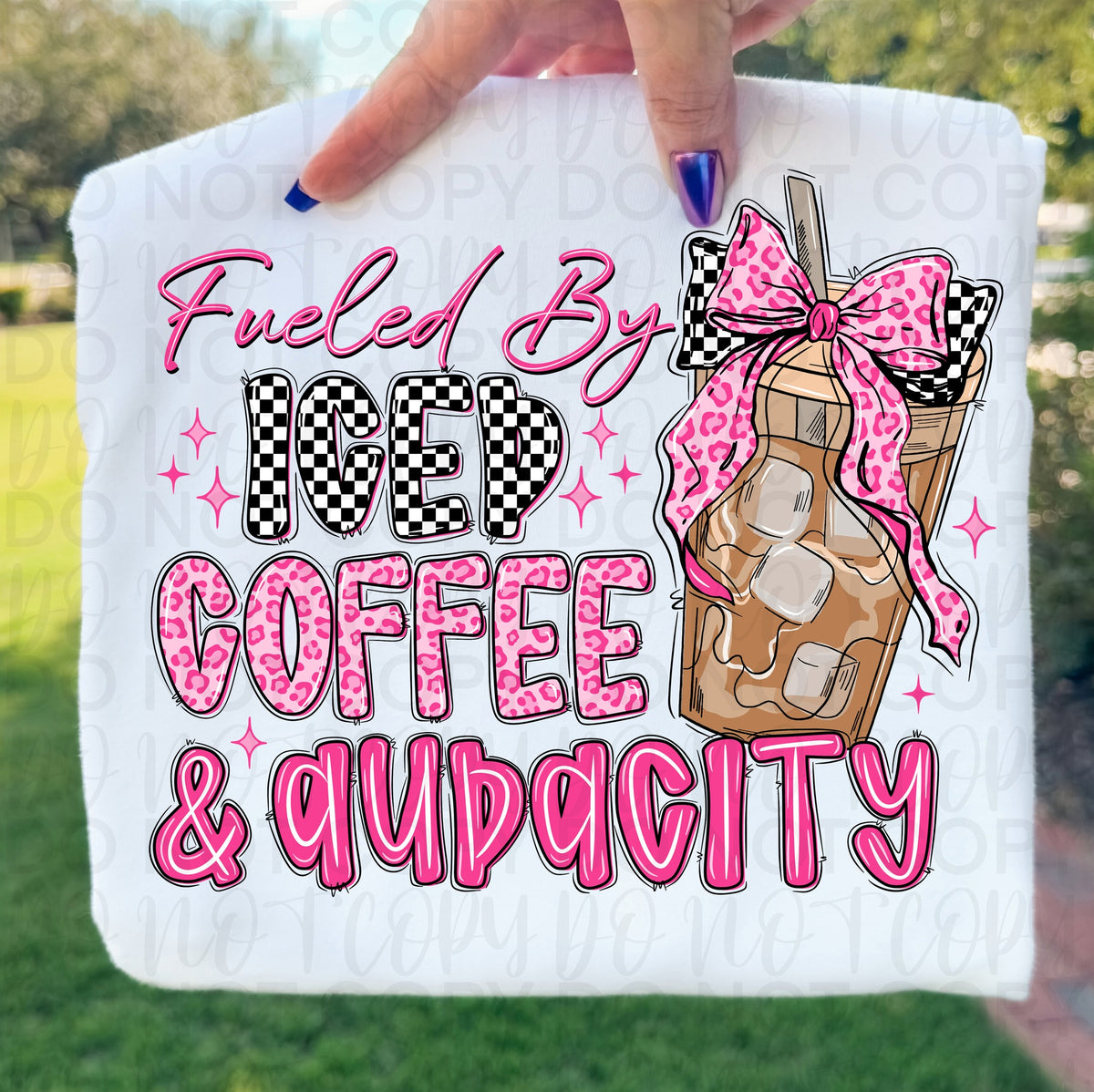 Fueled by coffee and audacity (pink and checker) (UAC) DTF Transfer
