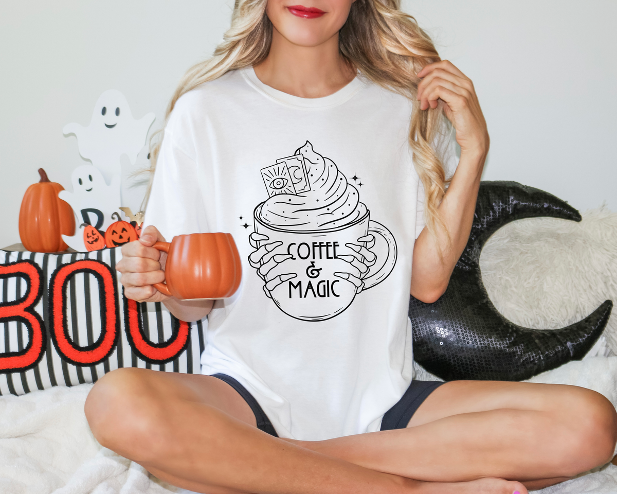 Coffee and Magic Black Outline Mug Skellie Hand 114659 DTF transfer