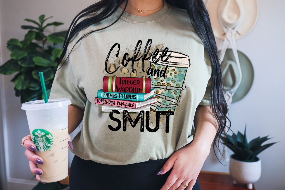 Coffee and Smut Trigger Warning Stacked Book 115665 DTF Transfer
