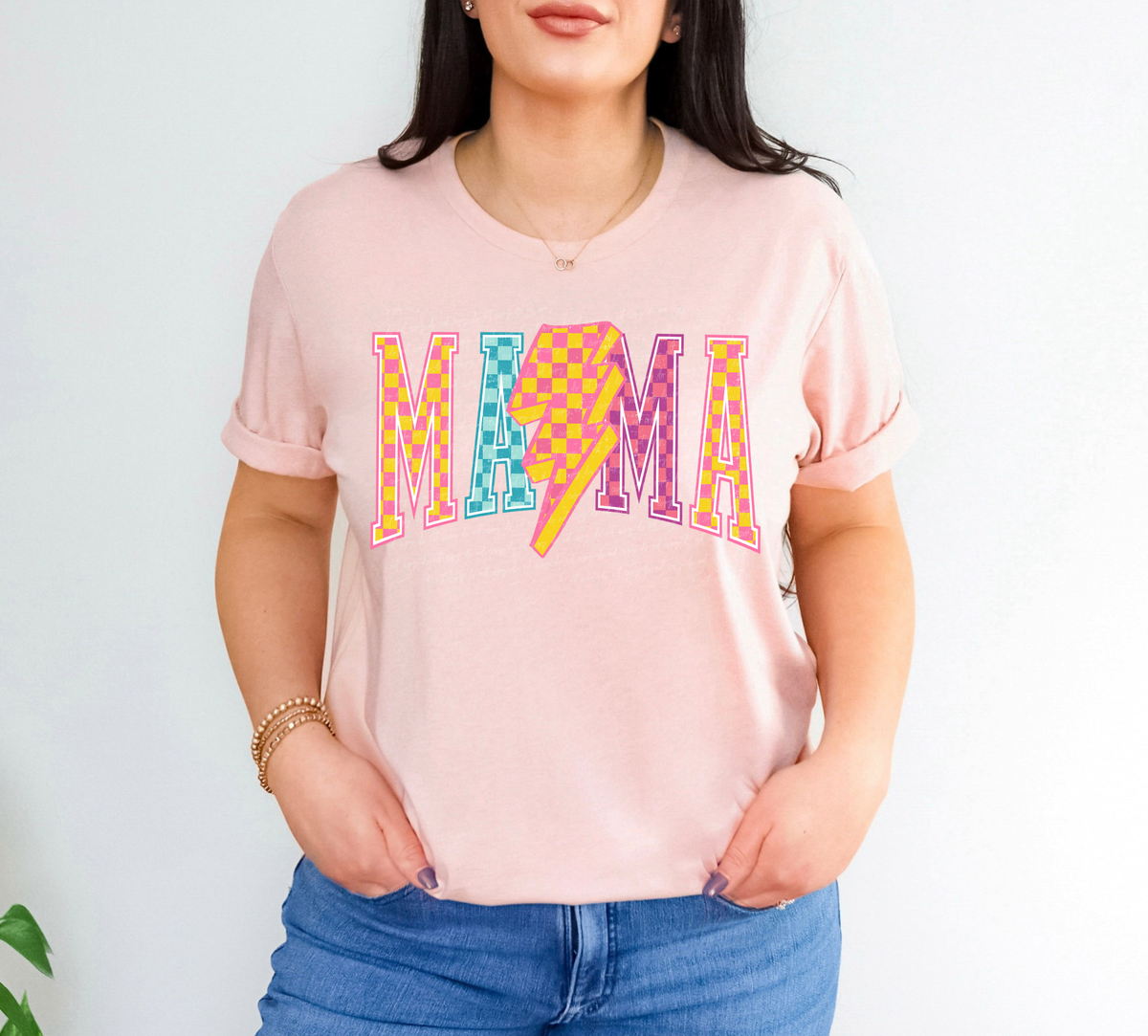 Colorful Varsity Mama Checkered Lightning Bolt 108739 DTF transfer