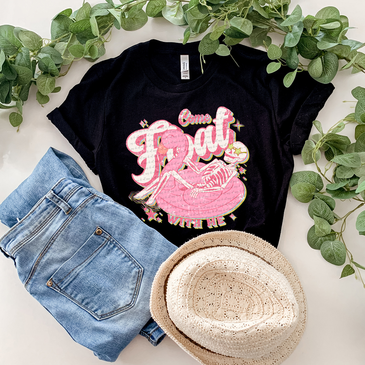 Come Float With Me Skellie On Flamingo White Pink 89204 DTF Transfer