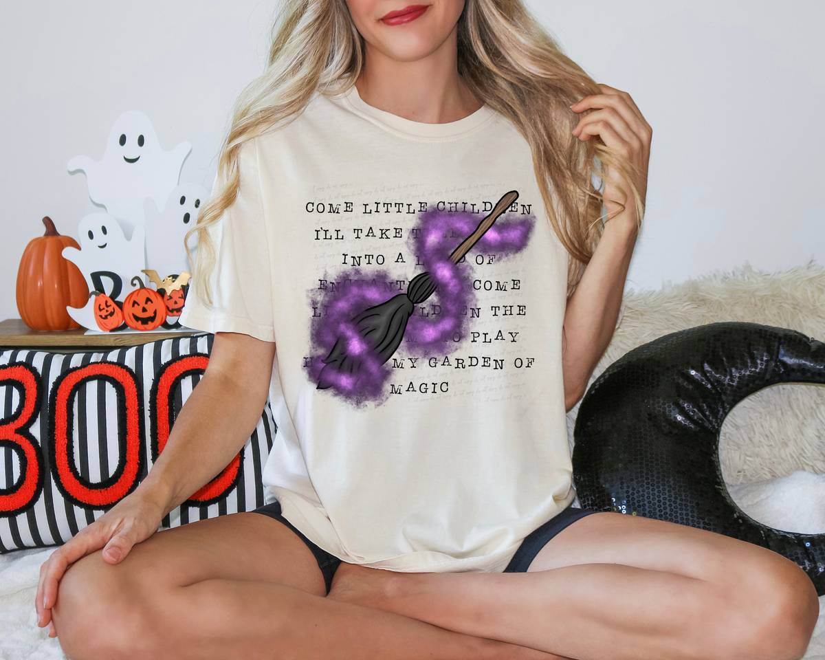 Come Little Children I'll Take Thee Away Into A Land Of Enchantment Broomstick Purple Smoke Overlay 115496 DTF transfer