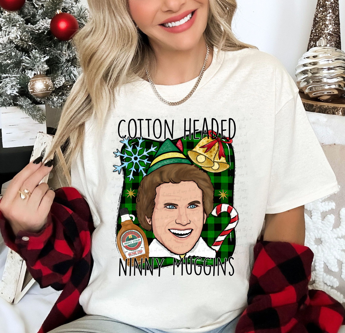 Cotton Headed Ninny Muggins Elf Green Plaid Background 114910 DTF transfer